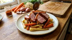 Spanferkelrücken aus dem Ofen: rosa, saftig – mit knuspriger Schwarte und Wurzelgemüse