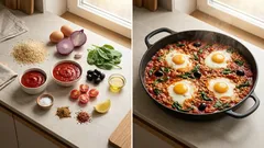 Reis-Shakshuka mit Oliven: würzige Tomaten-Spinat-Pfanne mit Eiern