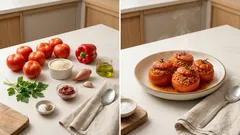 Gefüllte Tomaten aus dem Ofen: saftig mit würziger Reis-Gemüse-Füllung (vegan)