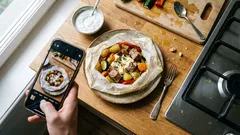 Saftiges Schweinefleisch aus dem Ofenpäckchen – mit Gemüse, Feta und Joghurt-Dip