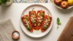 Gefüllte Paprika aus dem Ofen: mit roten Linsen, Zucchini und Feta – richtig saftig