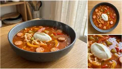 Soljanka „smarter“: schnelle Suppe mit Sauerkraut, Gurken und Geflügelwürstchen