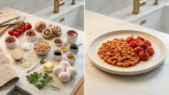 Vegetarisches Full English: Ofentomaten, Champignons, würzige Bohnen & Spiegelei